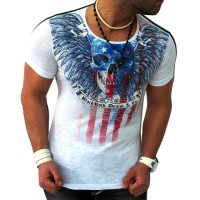 T-shirt à manches courtes ajusté Slim Fit Tete de Mort Usa Flag Blanc